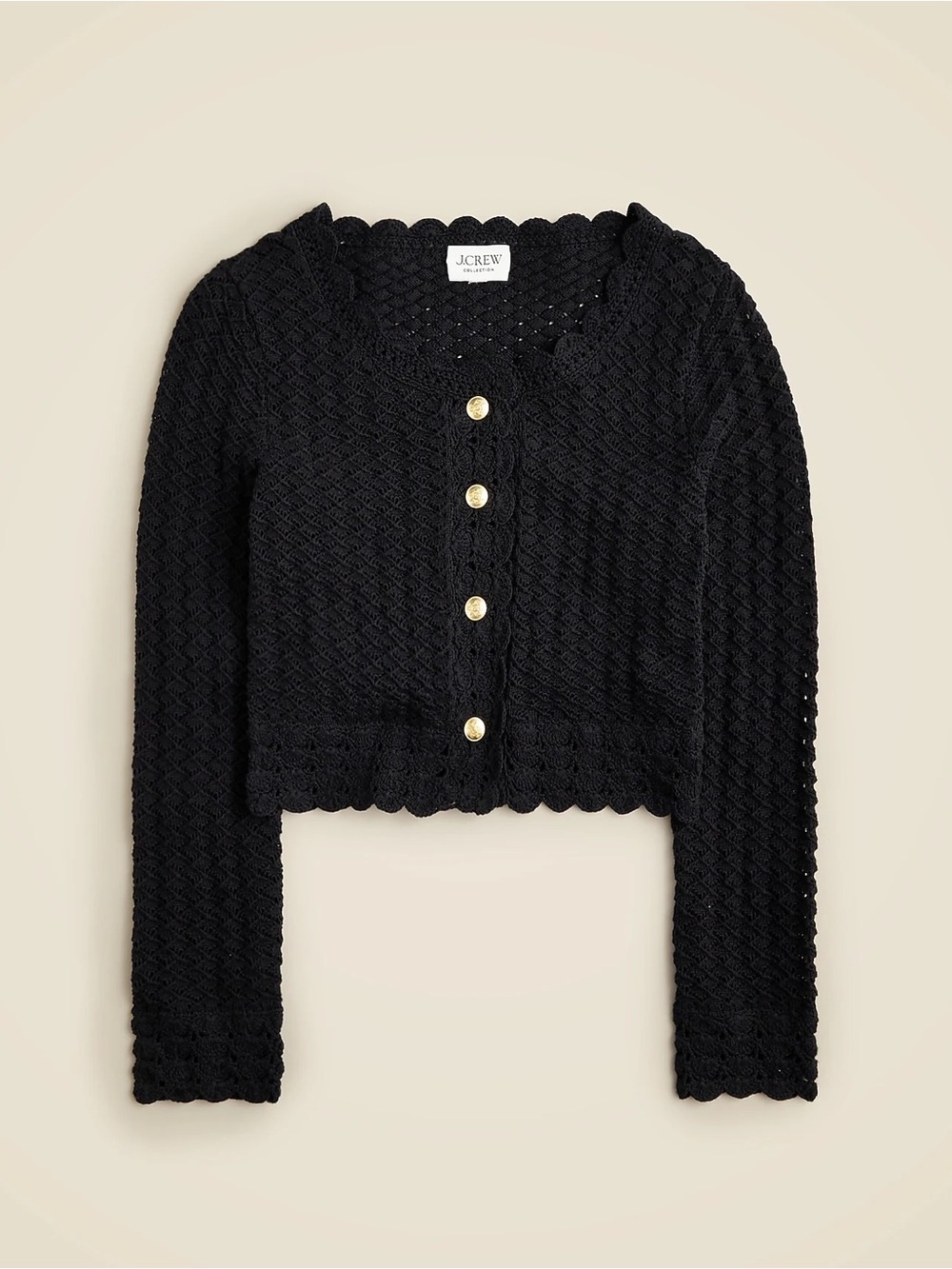 J. Crew Collection 100% Cotton Black Crochet Scallop-Edge Cropped Cardigan